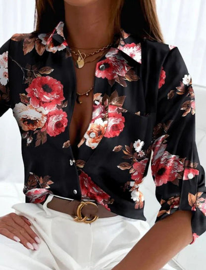 Dames Blouse Lange Mouw met Omgeslagen Kraag en Print Zwart Roze bloemen