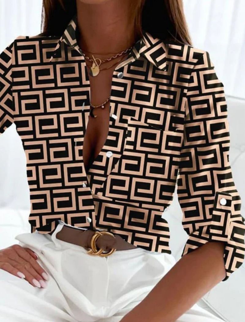 Dames Blouse Lange Mouw met Omgeslagen Kraag en Print Beige Zwart geometrisch