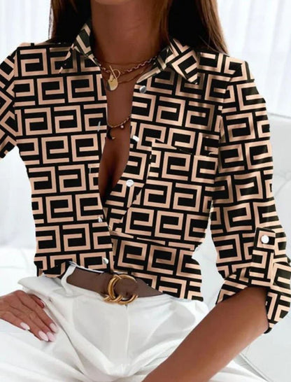 Dames Blouse Lange Mouw met Omgeslagen Kraag en Print Beige Zwart geometrisch