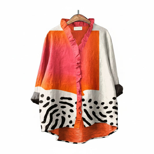 Dames Blouse Lange Mouw met Ruches en Grafische Print Oranje Roze Wit