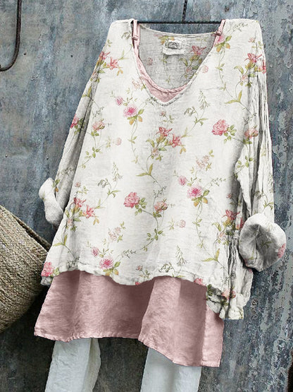 Dames Blouse Lange Mouw met V-hals en Bloemenprint Gelaagde Look Beige