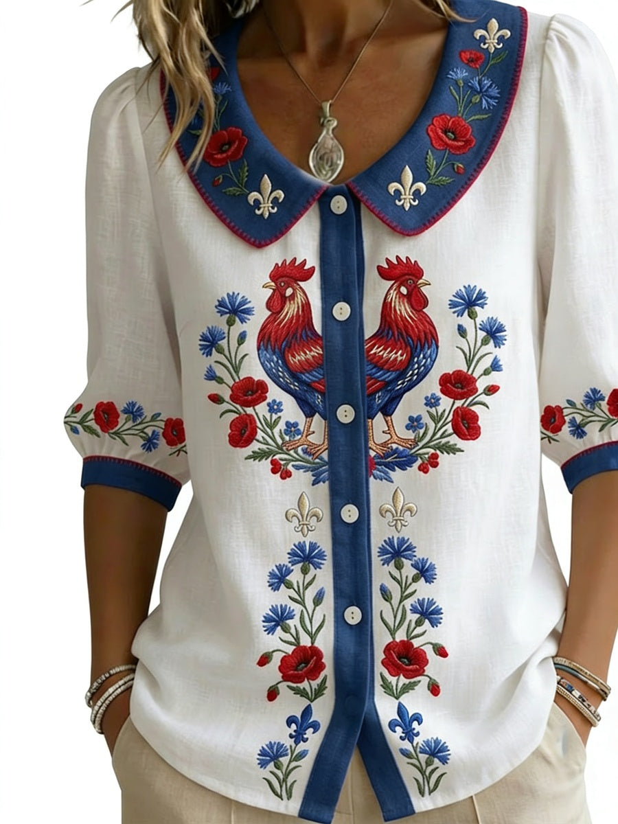 Dames Blouse met Bloemen- en Hanenprint en Peter Pan Kraag