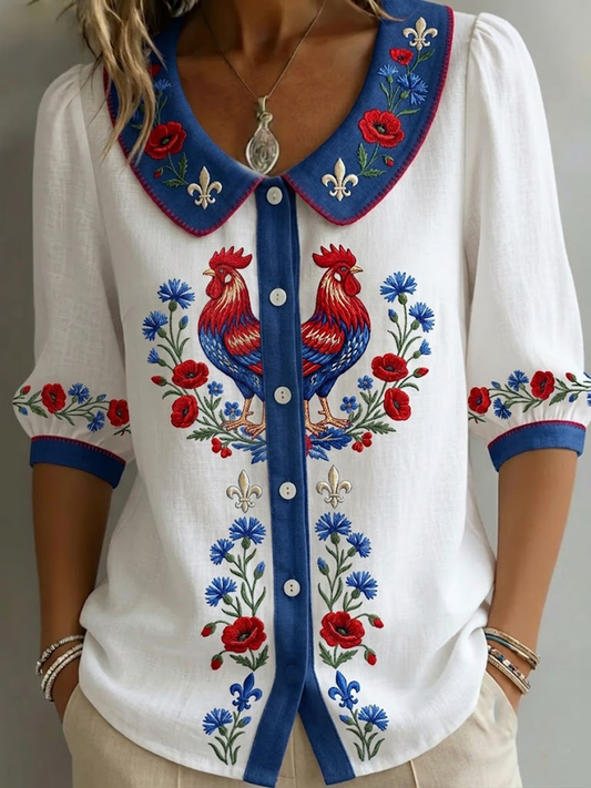 Dames Blouse met Bloemen- en Hanenprint en Peter Pan Kraag Wit
