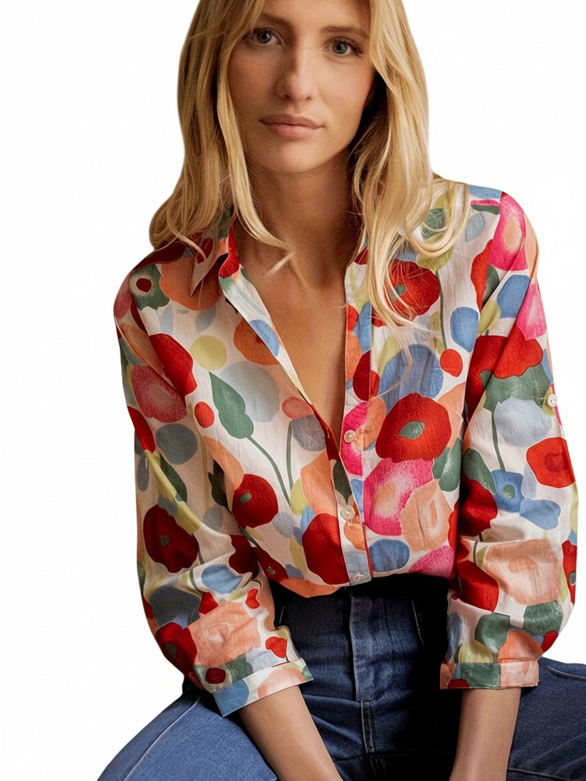 Dames Blouse met Bloemenprint, Lange Mouw en Knoopsluiting