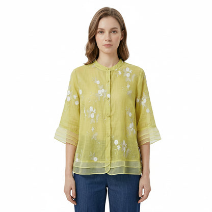 Dames Blouse met Driekwart Mouw, Bloemenborduursel en Staande Kraag