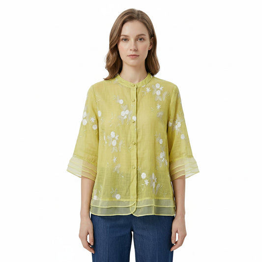 Dames Blouse met Driekwart Mouw, Bloemenborduursel en Staande Kraag