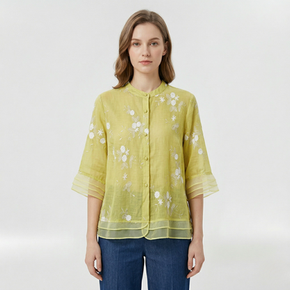 Dames Blouse met Driekwart Mouw, Bloemenborduursel en Staande Kraag Geel