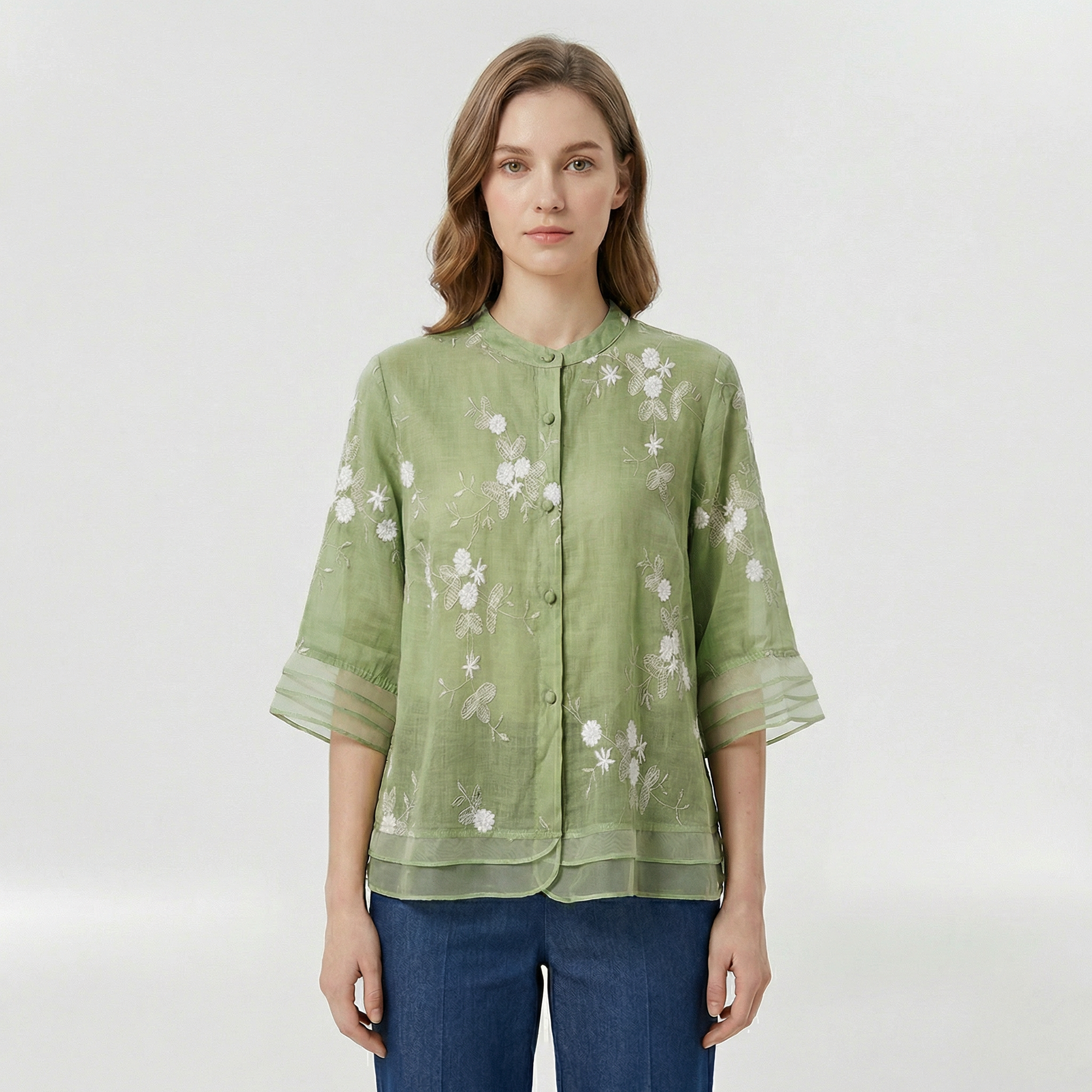 Dames Blouse met Driekwart Mouw, Bloemenborduursel en Staande Kraag Limoengroen