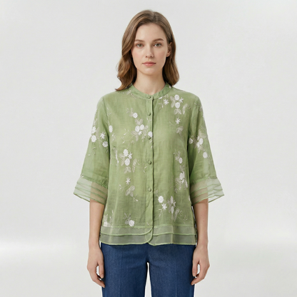 Dames Blouse met Driekwart Mouw, Bloemenborduursel en Staande Kraag Limoengroen