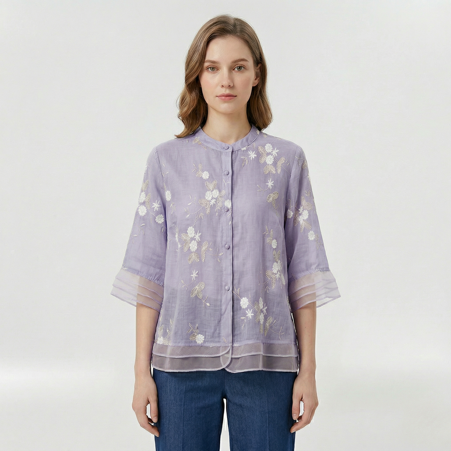 Dames Blouse met Driekwart Mouw, Bloemenborduursel en Staande Kraag Lavendel