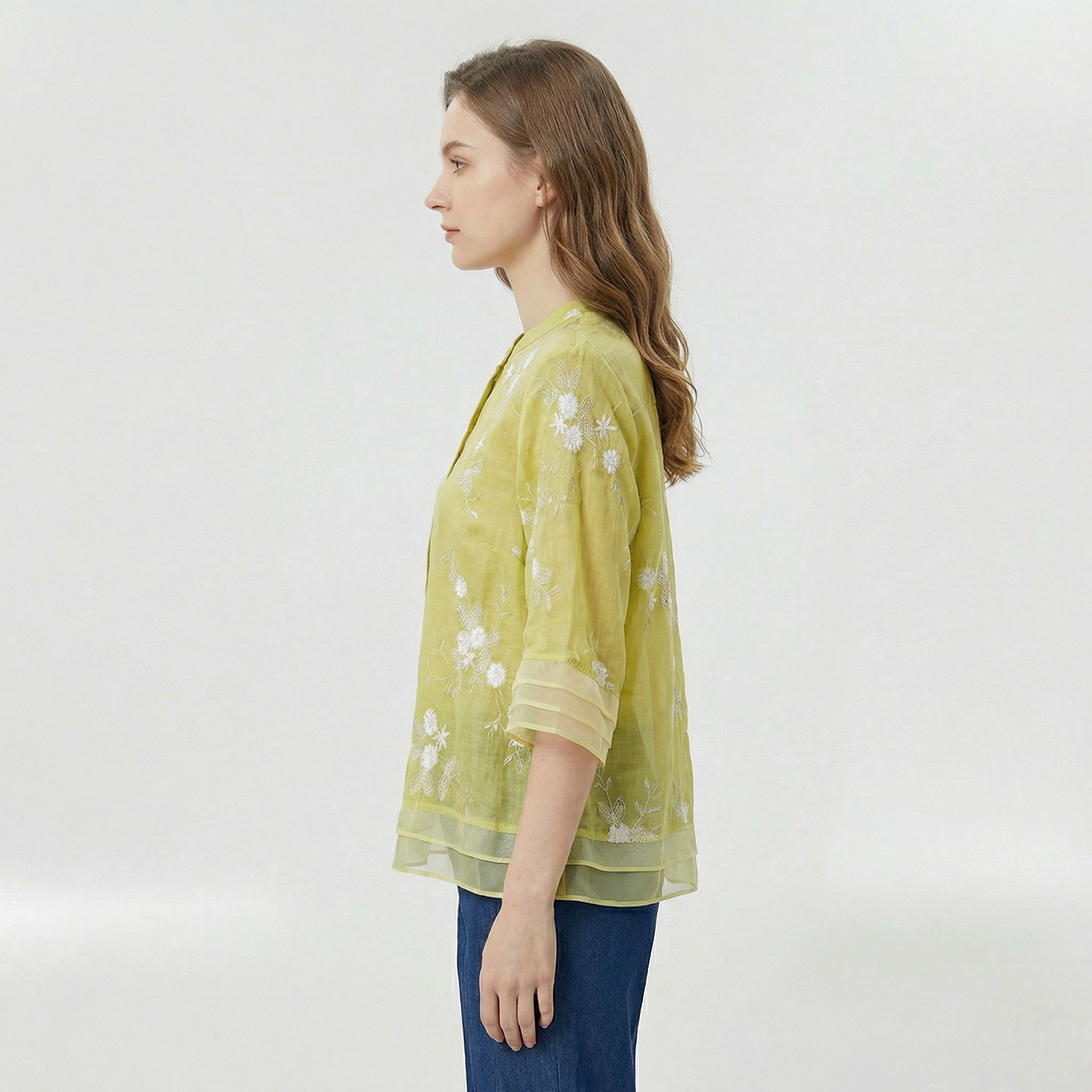 Dames Blouse met Driekwart Mouw, Bloemenborduursel en Staande Kraag