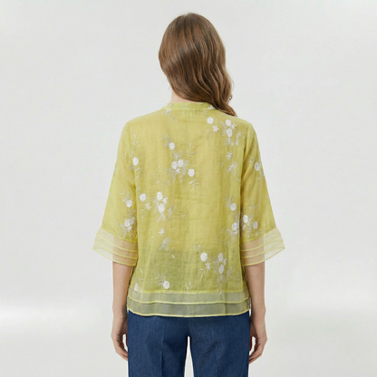 Dames Blouse met Driekwart Mouw, Bloemenborduursel en Staande Kraag