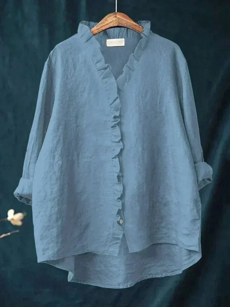 Dames Blouse met Lange Mouw, V-hals en Ruches Blauw
