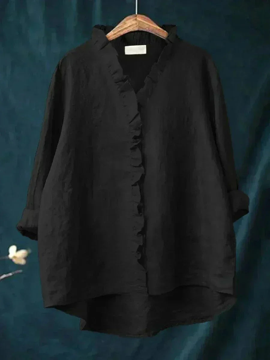 Dames Blouse met Lange Mouw, V-hals en Ruches Zwart