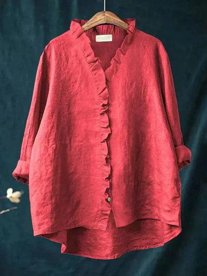 Dames Blouse met Lange Mouw, V-hals en Ruches