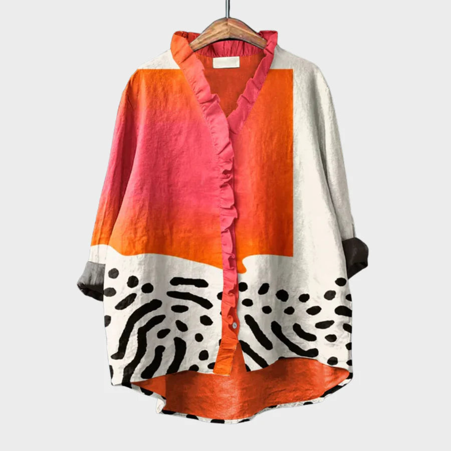 Dames Blouse met Lange Mouw, V-hals en Ruches Rood Zwart