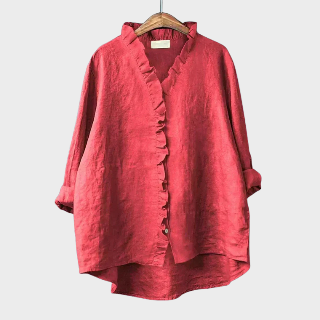Dames Blouse met Lange Mouw, V-hals en Ruches Rood