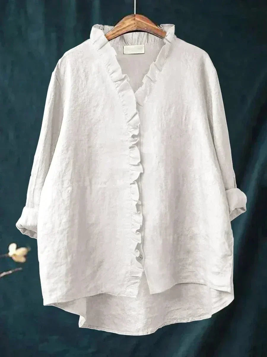 Dames Blouse met Lange Mouw, V-hals en Ruches Wit