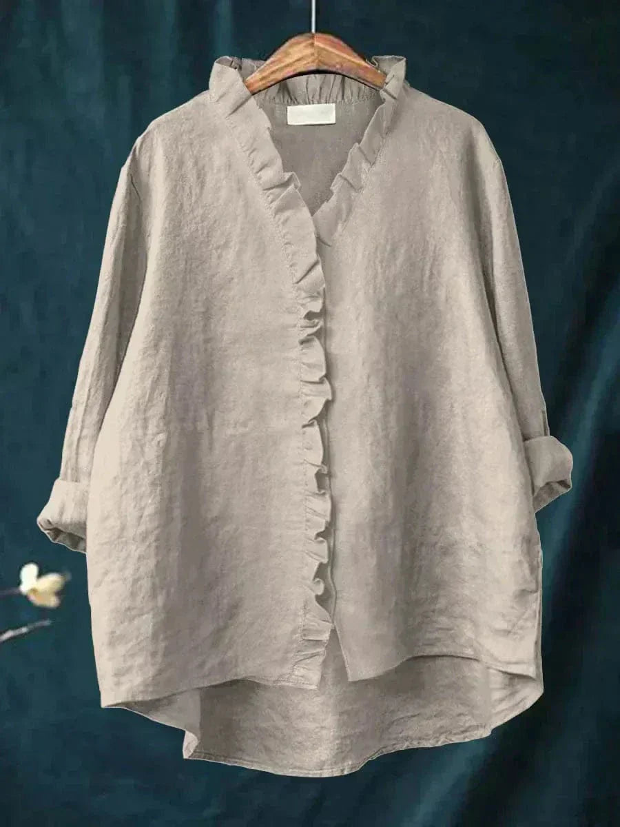 Dames Blouse met Lange Mouw, V-hals en Ruches Grijs