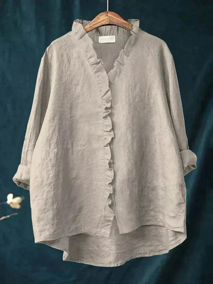 Dames Blouse met Lange Mouw, V-hals en Ruches Grijs