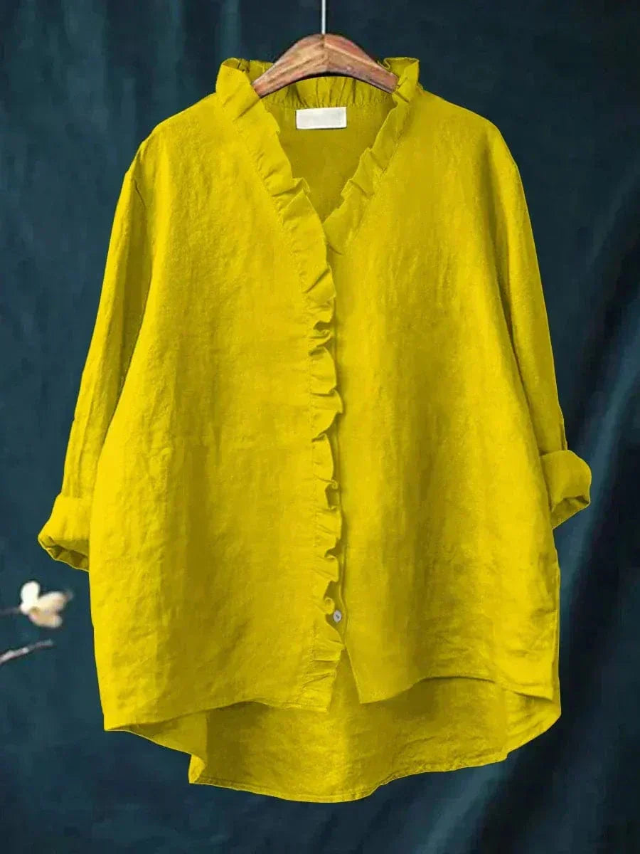 Dames Blouse met Lange Mouw, V-hals en Ruches Geel