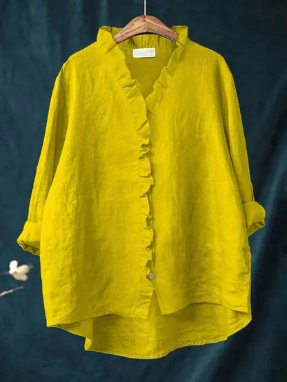 Dames Blouse met Lange Mouw, V-hals en Ruches Geel