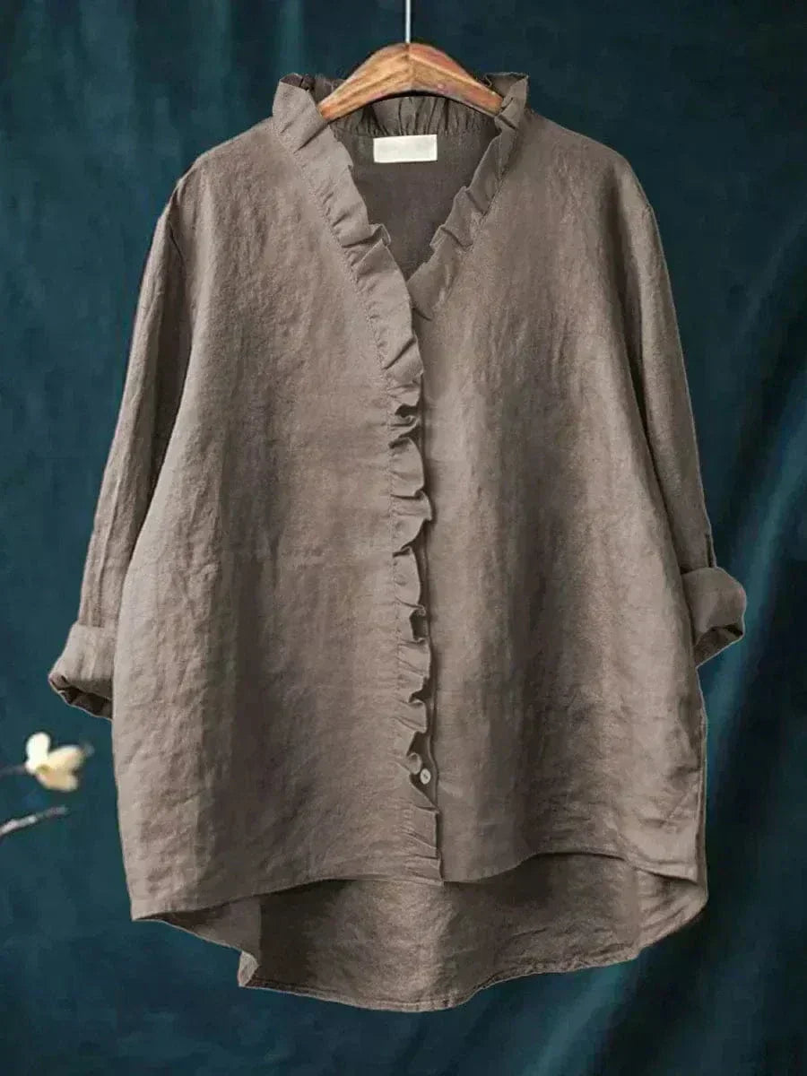 Dames Blouse met Lange Mouw, V-hals en Ruches Donkergrijs