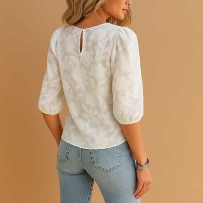 Dames Blouse met Pofmouwen en Bloemenprint Ronde Hals
