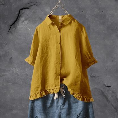 Dames Blouse met Ruche-zoom en Korte Mouwen Geel