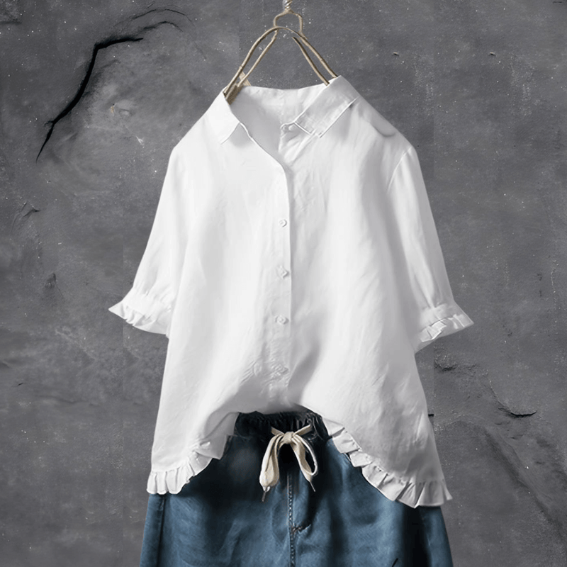 Dames Blouse met Ruche-zoom en Korte Mouwen Wit