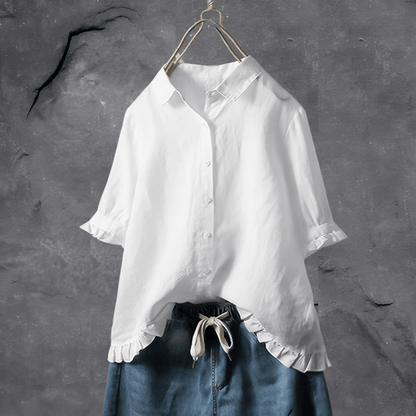 Dames Blouse met Ruche-zoom en Korte Mouwen Wit