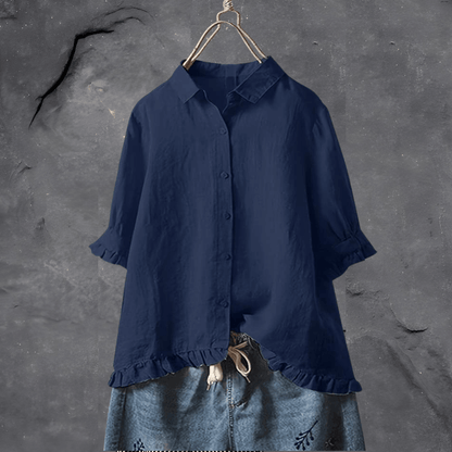 Dames Blouse met Ruche-zoom en Korte Mouwen Donkerblauw