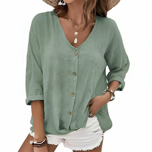 Dames Blouse met V-hals, 3/4 Mouw en Knoopsluiting