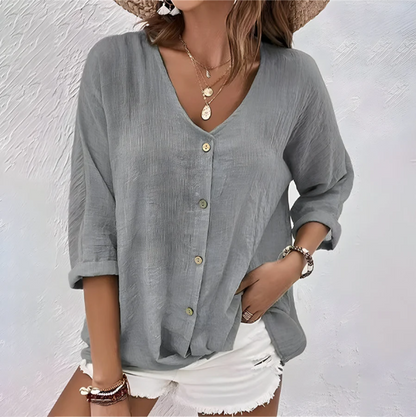 Dames Blouse met V-hals, 3/4 Mouw en Knoopsluiting Grijs