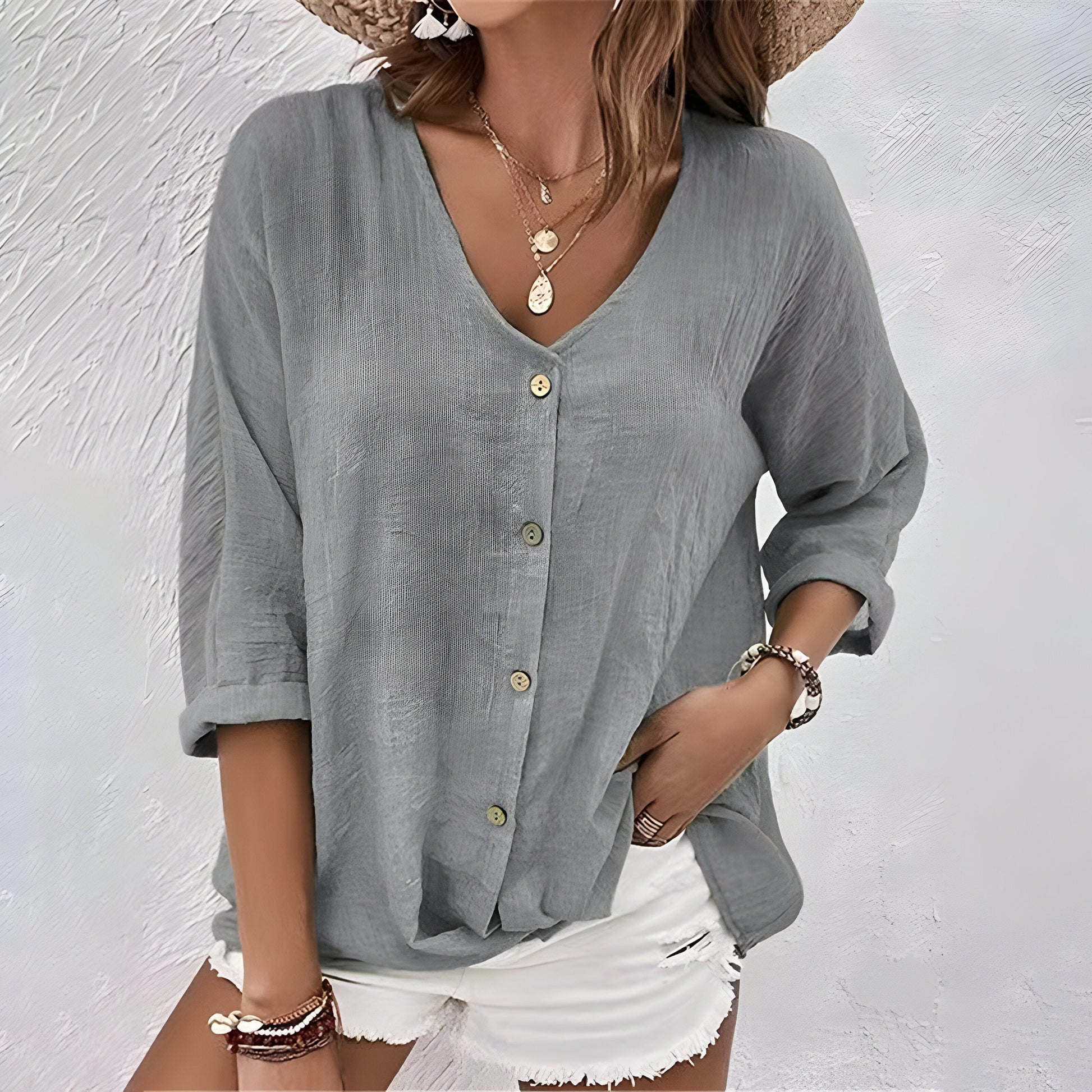 Dames Blouse met V-hals, 3/4 Mouw en Knoopsluiting