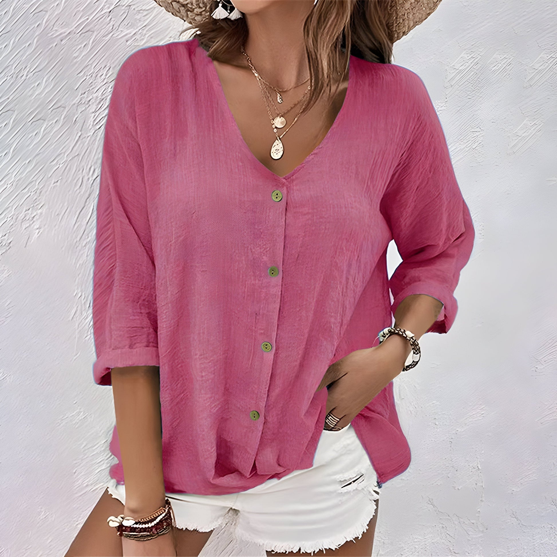 Dames Blouse met V-hals, 3/4 Mouw en Knoopsluiting Roze