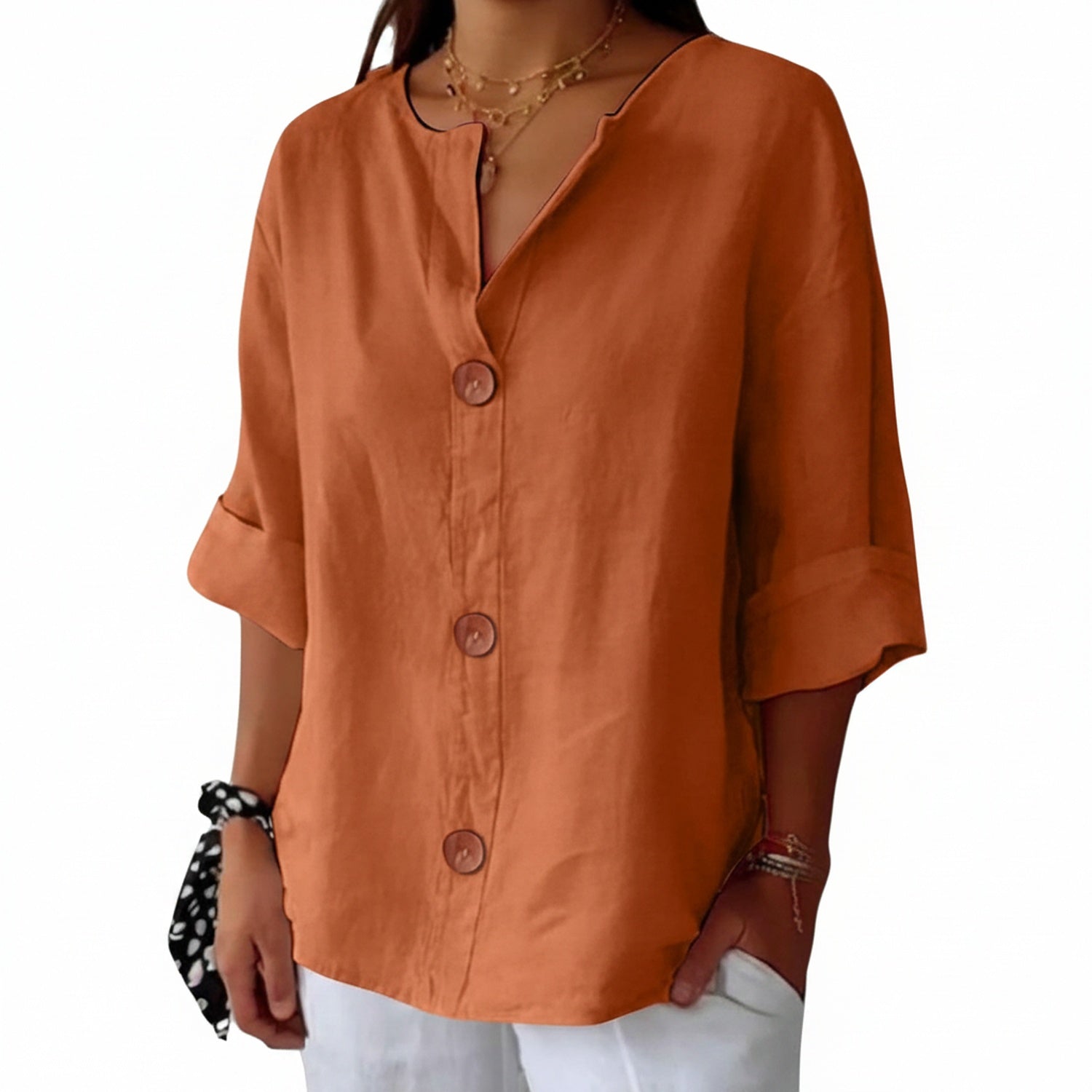 Dames Blouse met V-hals en Knoopsluiting, Driekwart Mouw