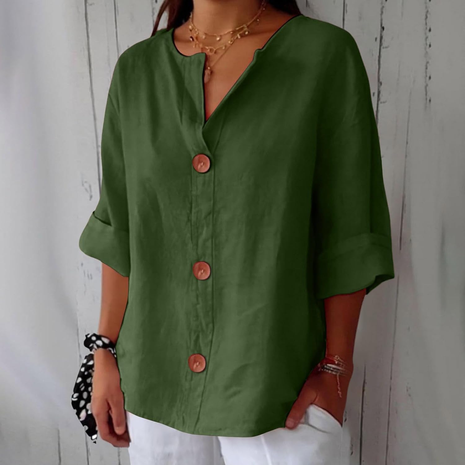 Dames Blouse met V-hals en Knoopsluiting, Driekwart Mouw