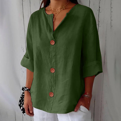 Dames Blouse met V-hals en Knoopsluiting, Driekwart Mouw