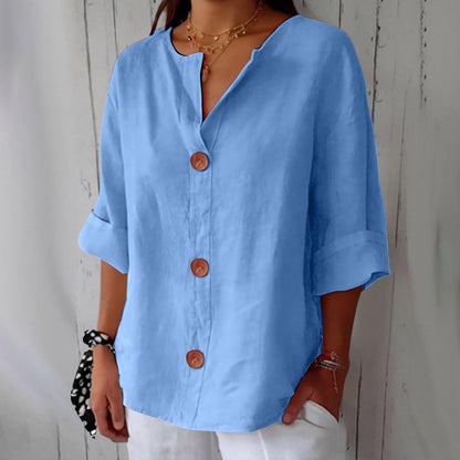 Dames Blouse met V-hals en Knoopsluiting, Driekwart Mouw