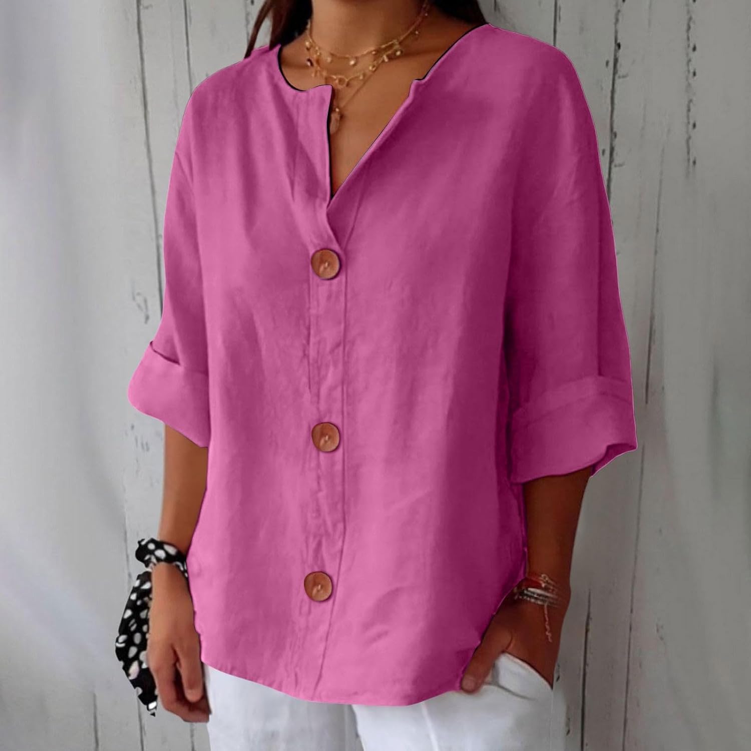 Dames Blouse met V-hals en Knoopsluiting, Driekwart Mouw