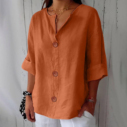 Dames Blouse met V-hals en Knoopsluiting, Driekwart Mouw