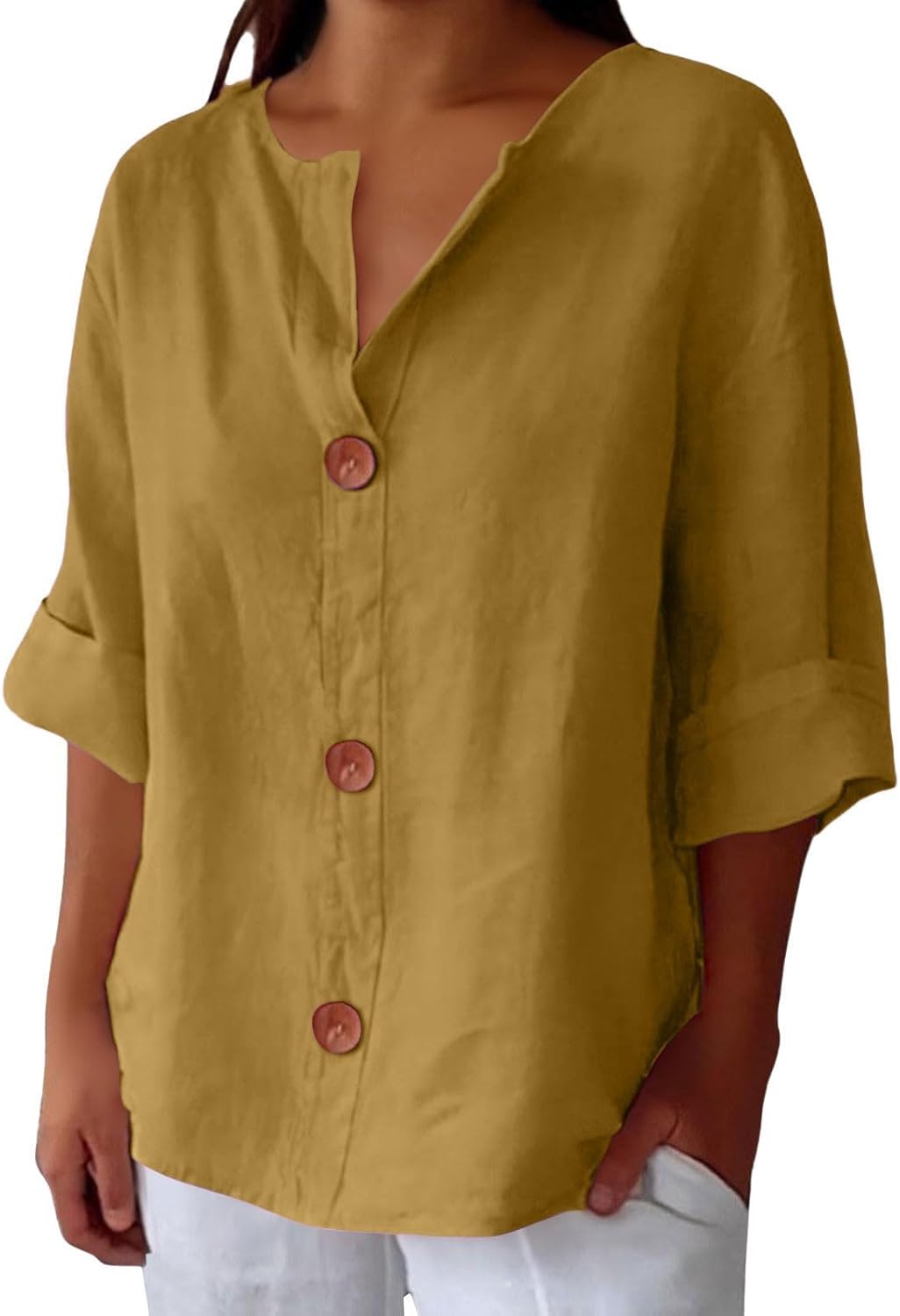 Dames Blouse met V-hals en Knoopsluiting, Driekwart Mouw