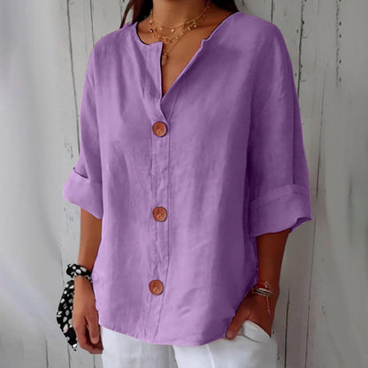 Dames Blouse met V-hals en Knoopsluiting, Driekwart Mouw