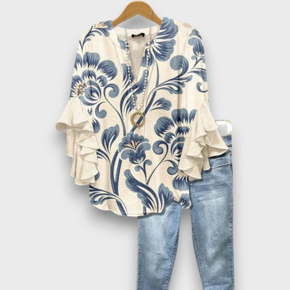 Dames Blouse met V-hals en Rüschenmouwen met Bloemenprint Wit Blauw