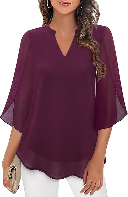 Dames Blouse met V-hals en Transparante Mouwen Bordeaux