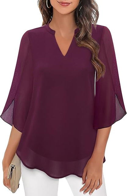 Dames Blouse met V-hals en Transparante Mouwen Bordeaux
