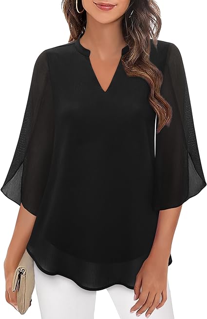 Dames Blouse met V-hals en Transparante Mouwen Zwart