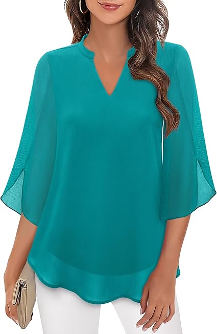 Dames Blouse met V-hals en Transparante Mouwen Turquoise