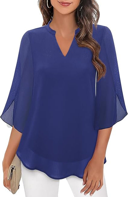 Dames Blouse met V-hals en Transparante Mouwen Marineblauw